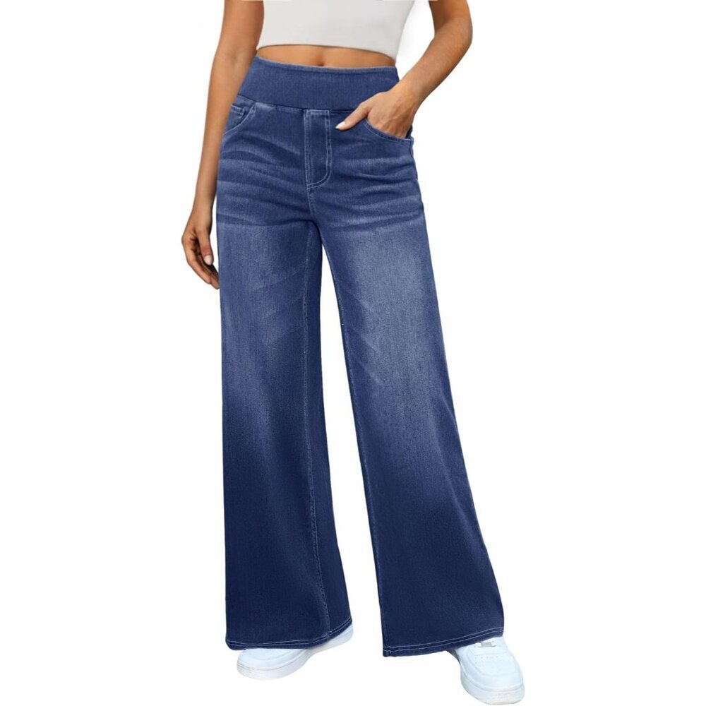 Women's High Waisted Wide Leg Stretchy Denim Pants Elastic Waist Casual